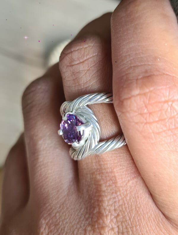 Bague câble en Argent 925 avec zircon violet 100% Artisanal 10G – Image 2