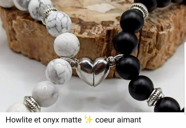 2 Bracelets/ couple "Cœur aimant": Howlite/Onyx en pierre naturelle de Madagascar – Image 2