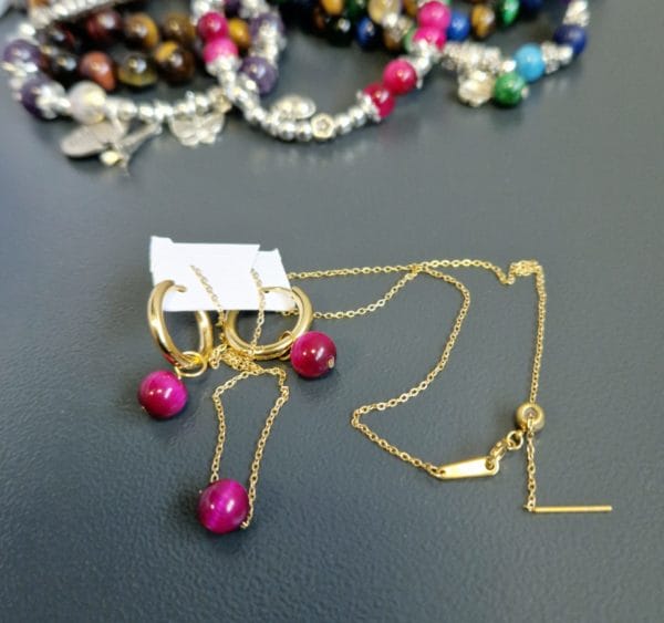 Parure œil de tigre rose 💕: collier, bracelet et boucles d'oreilles/ pierre naturelle/ Madagascar – Image 4