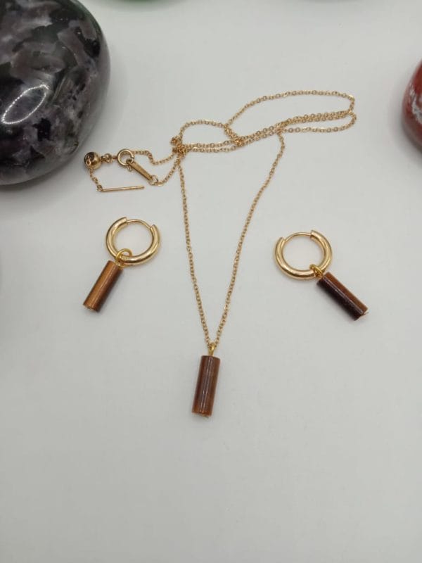 Parure œil de tigre 🤎: collier et boucles d'oreilles/ pierre naturelle/ Madagascar