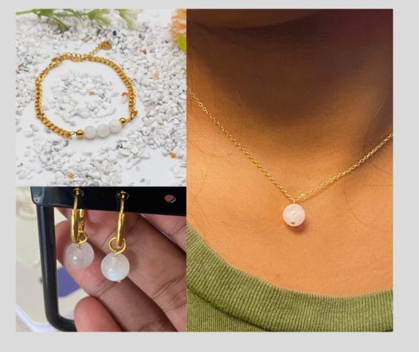 Parure Sélénite blanche 🤍 collier, bracelet, boucles d'oreilles/ en pierre naturelle / Madagascar