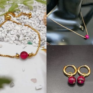 Parure œil de tigre rose 💕: collier, bracelet et boucles d'oreilles/ pierre naturelle/ Madagascar