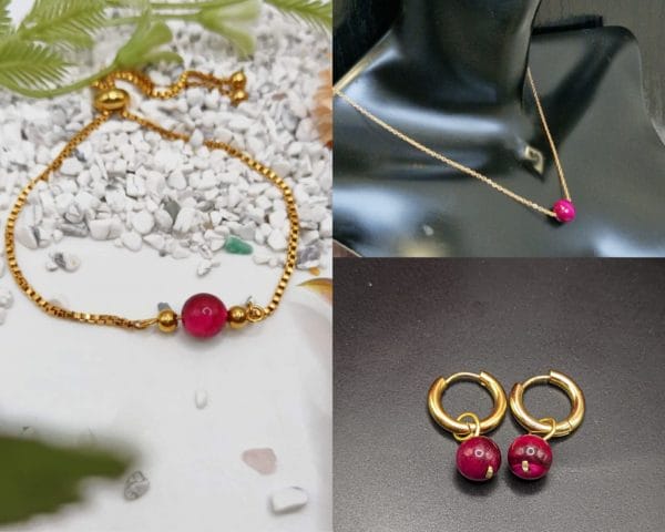 Parure œil de tigre rose 💕: collier, bracelet et boucles d'oreilles/ pierre naturelle/ Madagascar