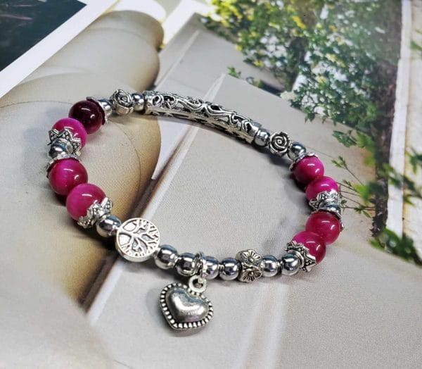 Bracelet œil de tigre rose fuchsia💖/en pierre naturelle/Madagascar