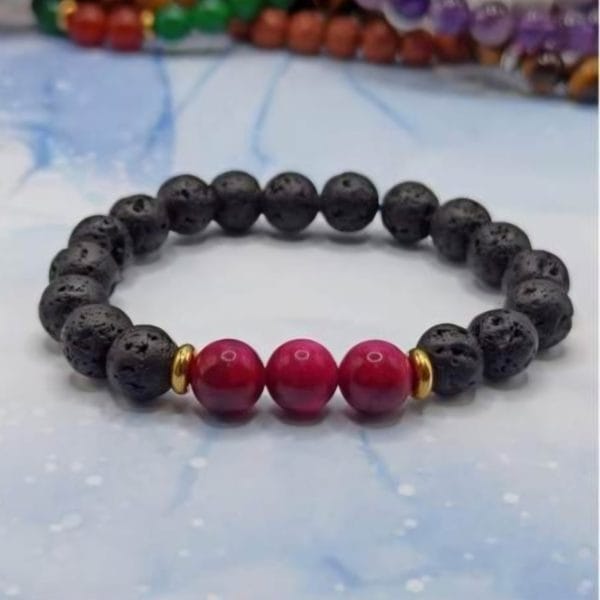 2 Bracelets/ couple: Pierre de lave, œil de tigre bleu et rose de Madagascar – Image 3