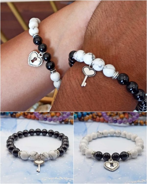 2 Bracelets/ couple "Cœur serrure&clé": Howlite/pierre de soleil de Madagascar – Image 2