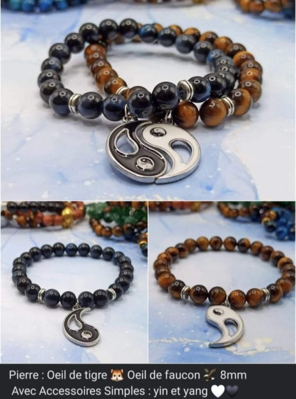 2 Bracelets/ couple "Ying&Yang": Œil de faucon/Œil de tigre de Madagascar
