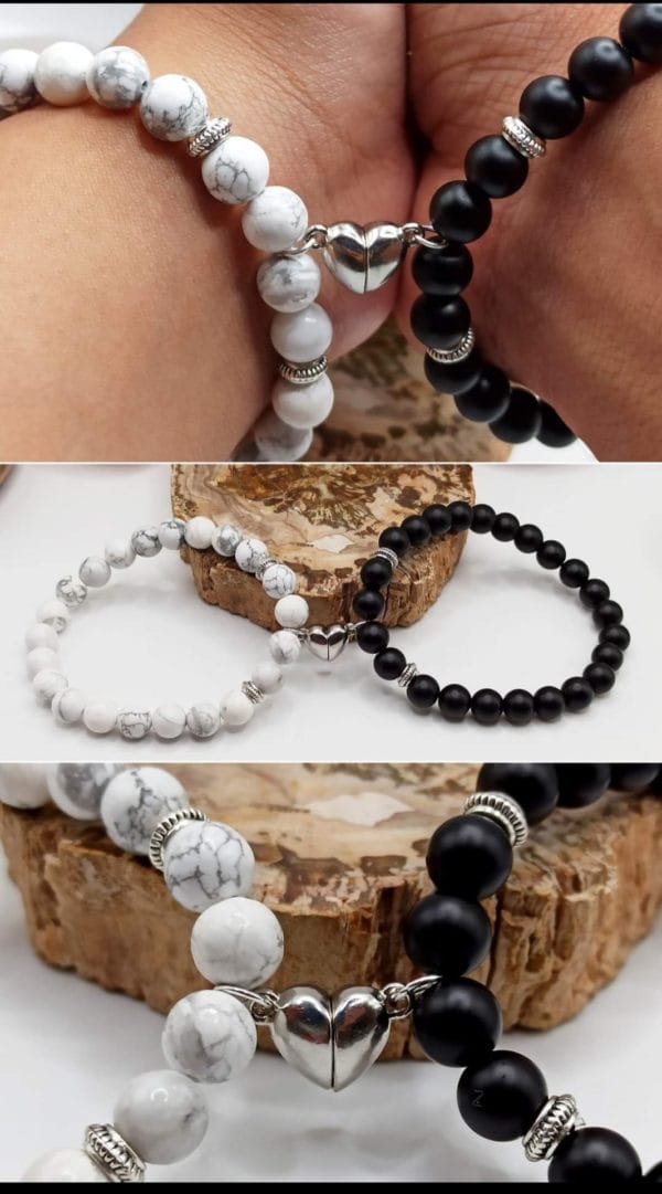 2 Bracelets/ couple "Cœur aimant": Howlite/Onyx en pierre naturelle de Madagascar