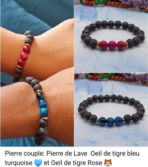 2 Bracelets/ couple: Pierre de lave, œil de tigre bleu et rose de Madagascar