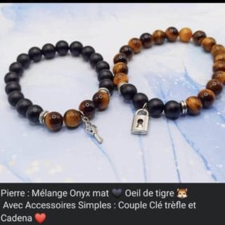 2 Bracelets/couple "Clé trèfle&cadenas": Œil de tigre/ Onyx de Madagascar