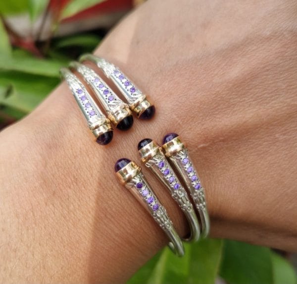 Bracelet triple vangovango saccalava avec cabouchon amethyste avec 2 barre d'or 18k