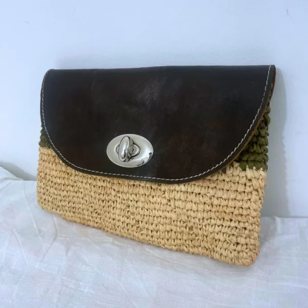 Pochette à Main en Raphia Beige et Vert avec Cuir Naturel Noir
