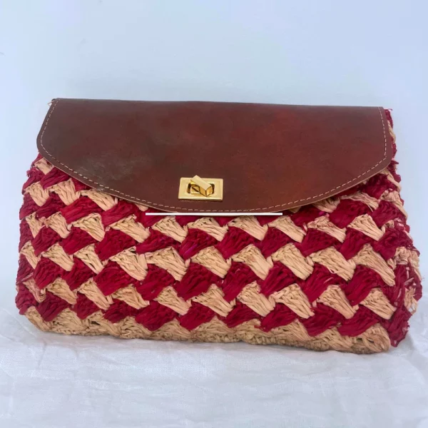 Pochette à Main en Raphia Rouge et Cuir Naturel Foncé