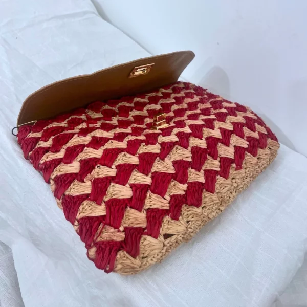 Pochette à Main en Raphia Rouge et Cuir Naturel Foncé