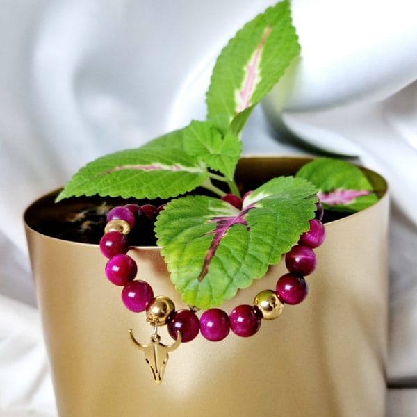 Bracelet " Madagascar " Œil de tigre Rose fuchsia/en pierre naturelle de Madagascar – Image 2