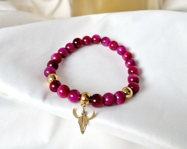 Bracelet " Madagascar " Œil de tigre Rose fuchsia/en pierre naturelle de Madagascar